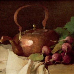 Søren Emile “Emil” Carlsen (1848-1932) [RA 1903-1932] : Still life with tea kettle and radishes, ca.1915.