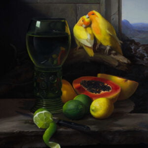 Two yellow birds rub heads together beside a window behind a wine glass and various peeled fruits.