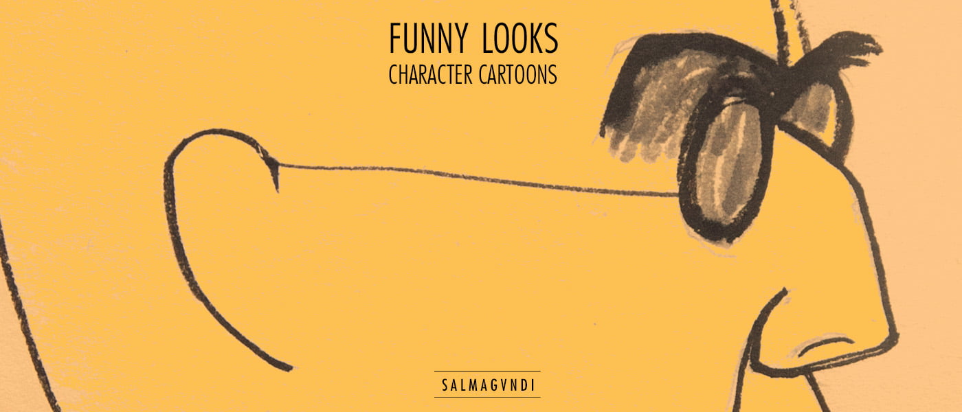 Close up of yellow minimalist cartoon man with glasses and prominent eyebrows.