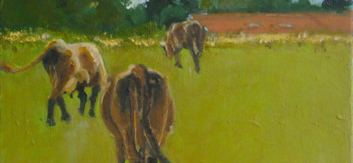 a painting of cows grazing in a field.