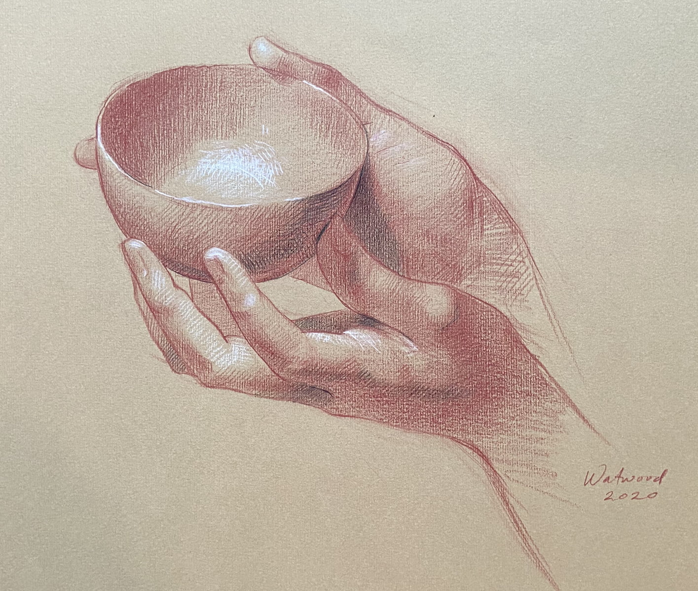 Patricia Watwood, a life drawing of hands holding a bowl