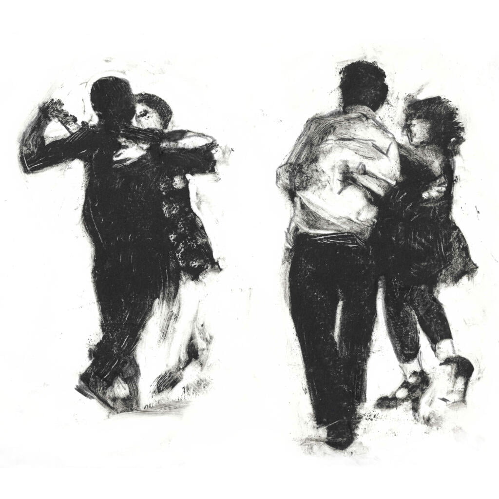 A monotype of dark silhouettes dancing away