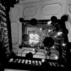 Anthony Bellov, Stairs up, black and white photograph of staircase spiraling up at Salmagundi Club