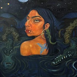 Woman with fangs coming out over her lips floating in the water with sea monsters under the moon and visible planets.