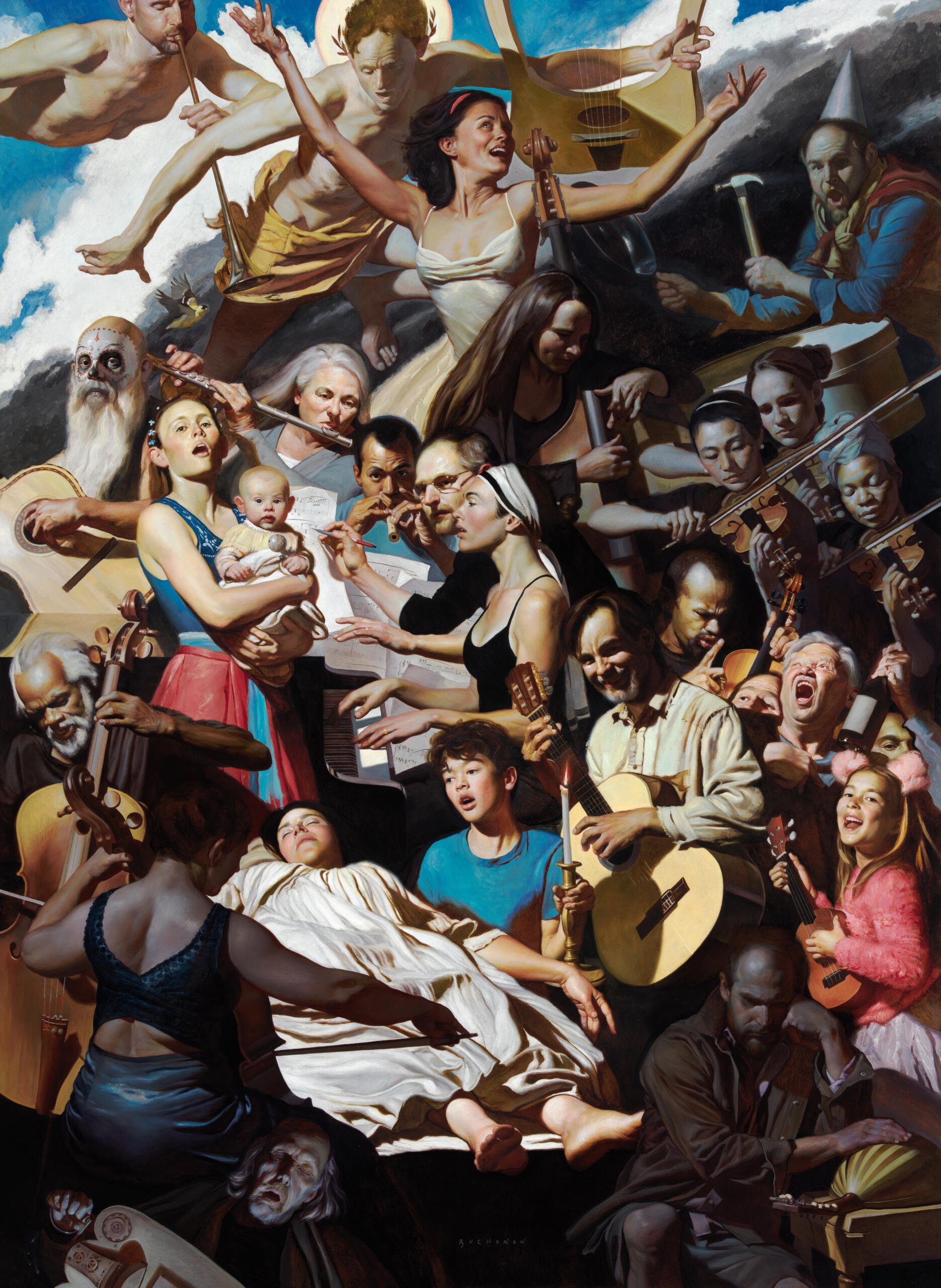 Renaissance-inspired painting of people of various ages singing or playing handheld instruments overlapping so that many are far above the ground