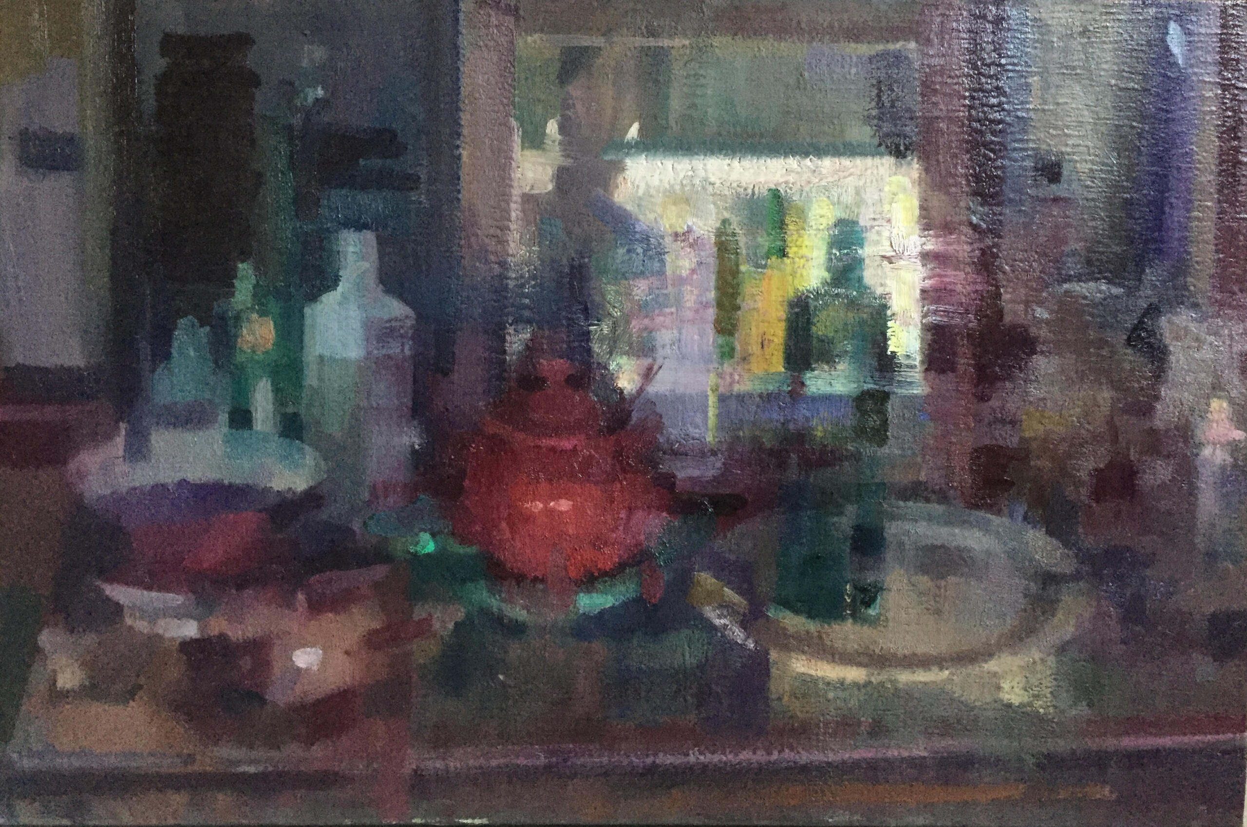 A dark but warm array of items, including a red tea kettle, on a table are painted with wide strokes, giving the sense that we are seeing all the light reflected in the scene without much clarity of borders
