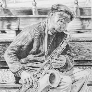 And elderly man with glasses plays away on a saxaphone on a park bench.