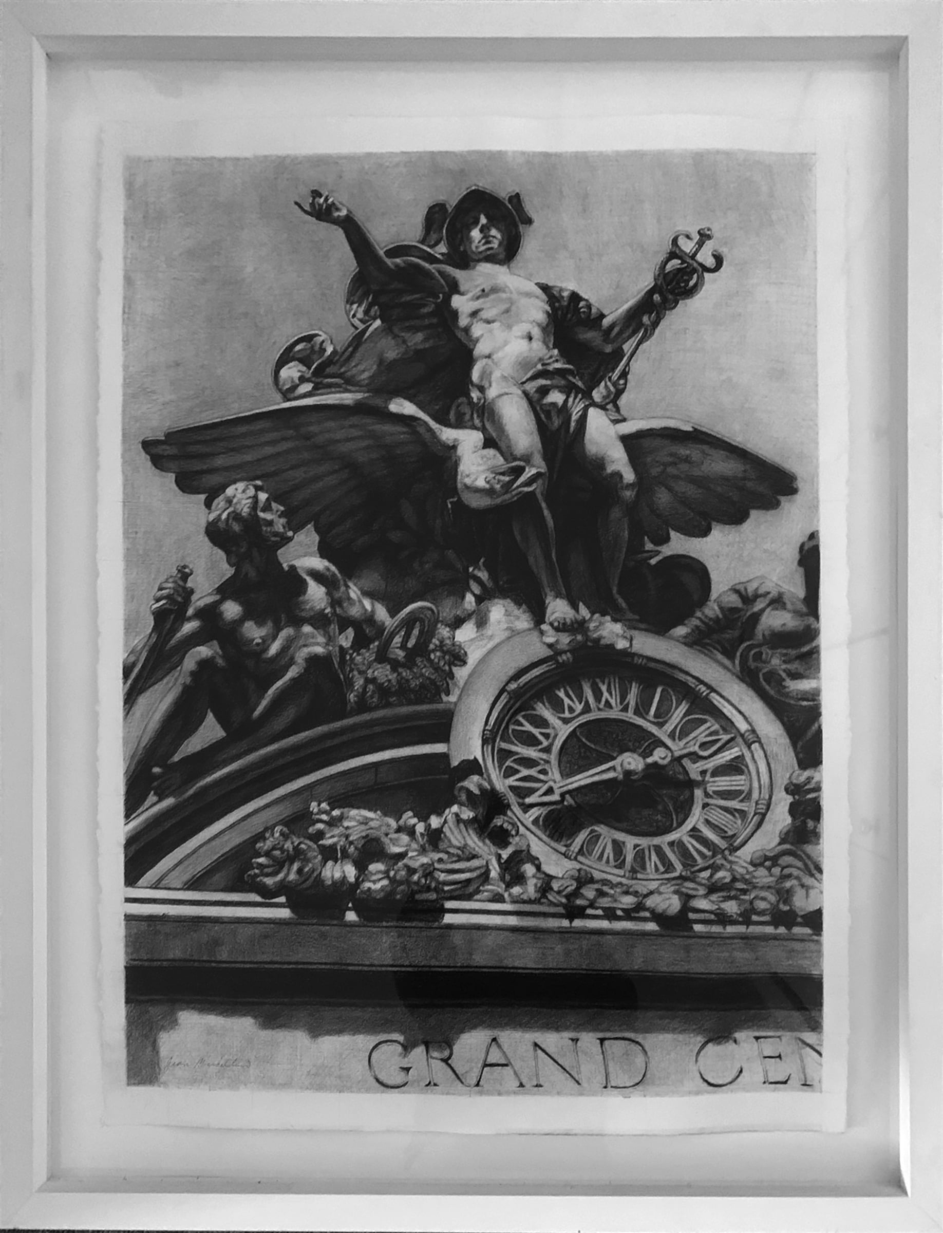 "Mercury atop Grand Central" by Jean Marcellino in a white matte with a white frame.