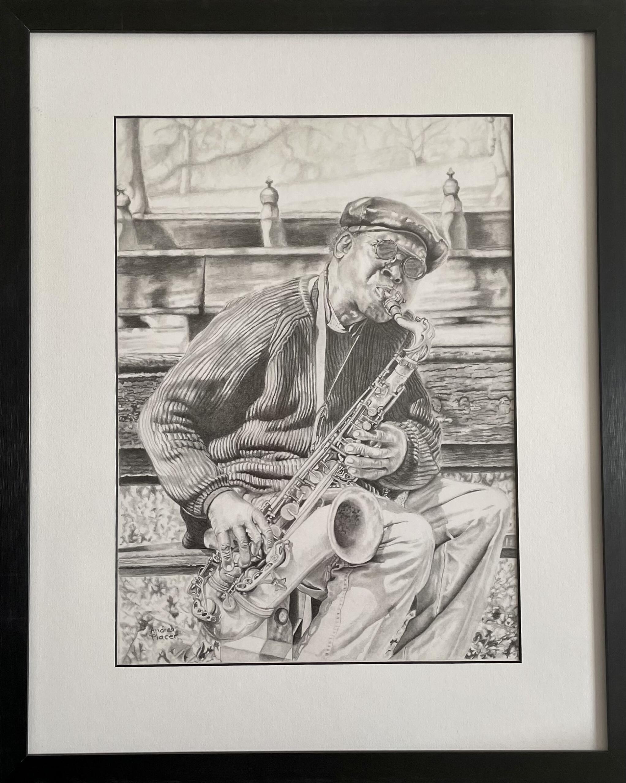 "Blues Man" by Andrea Placer in a white matte framed in black wood.
