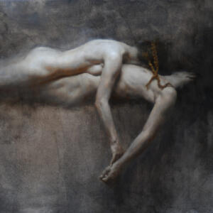 In an inky void, a nude man an woman appear asleep. The woman lays face down on the man, her braids falling on his chest. Their arms are stretched to the side, and their hands touch.