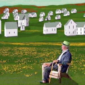 An old man overlooks a green field with yellow flowers nearby. In the distance, large white houses resembling Monopoly pieces are scattered about haphazardly.