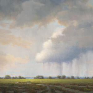 In the distance, rain pours from storm clouds over a section of the terrain, while the sun shines through the gaps in the sky.