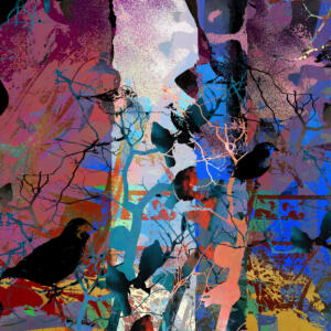 Small birds rest atop branches, set against an abstract, multicolored background.