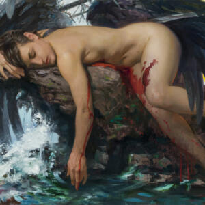 A nude person with their eyes closed lays on a long-link mass coming out of the water. Their front is covered with blood, and there are large wings above them.