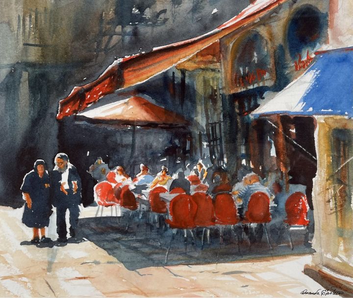Amanda Epstein [NRA 2001] : The red cafe, Tel Aviv, 2023. | Salmagundi Club