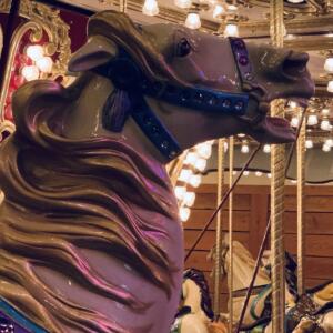 Close up on a merry-go-round horse that could have been frozen in a the middle of a gasp, its mouth wide open.