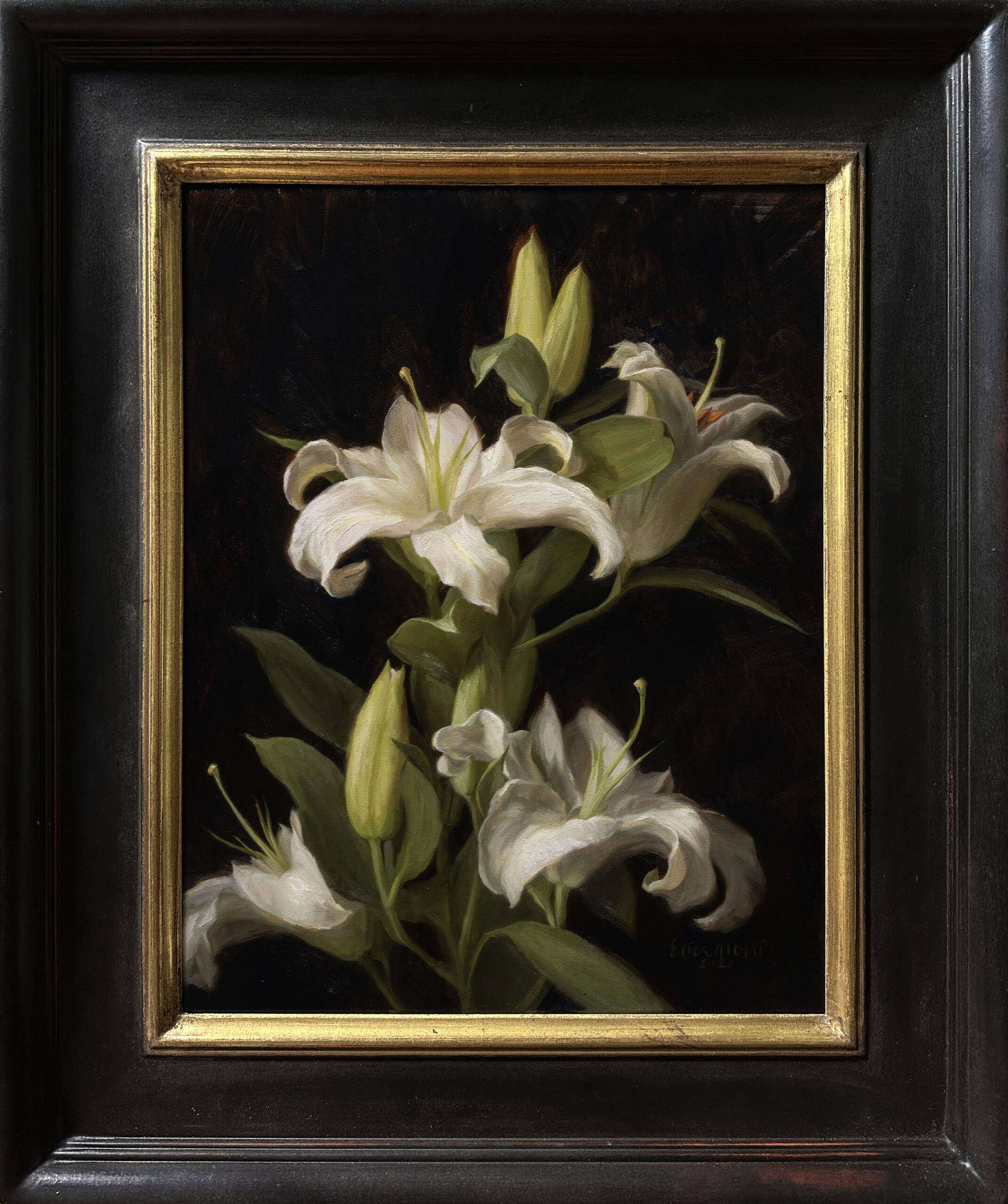 "Moonlight in Bloom" in a black wooden frame with a golden inner edge.