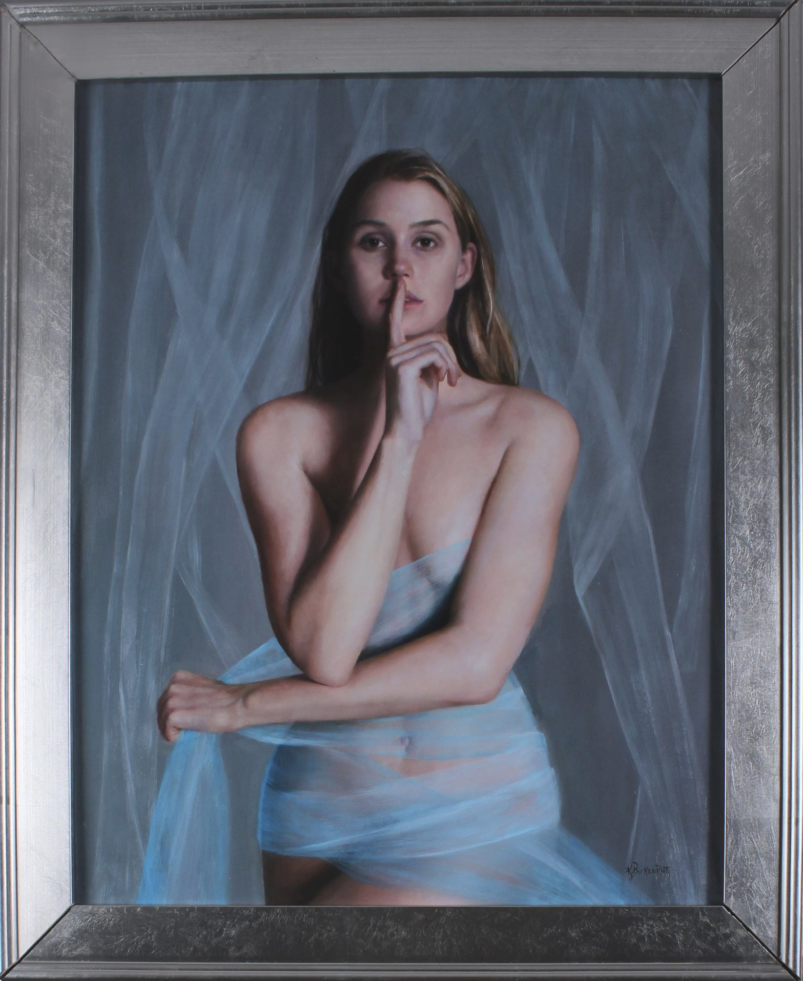 "Wrapped in secrets" in a gray, metallic frame.