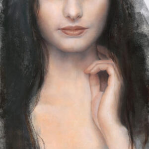 A yound woman with long black hair and icy blue eyes.