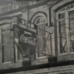 Black and white: a building with a sign sticking out that says, "Star Drug Store" and "Coca Cola".