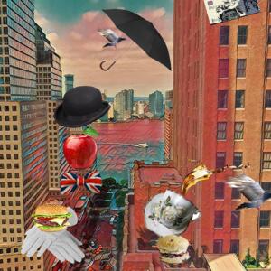 A collage of a card with the song "God Save the Ocean" on it, an umbrella, birds, a bowler hat, an apple, a Union Jack bowtie, a hamburger on white gloves, a cup and saucer with tea coming out of it, and a biscuit with jam on a background of city buildings.