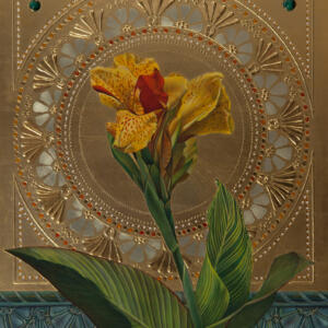 In front of a gold background with circular designs is a yellow, red-speckled flower with broad leaves at the bottom of the frame.