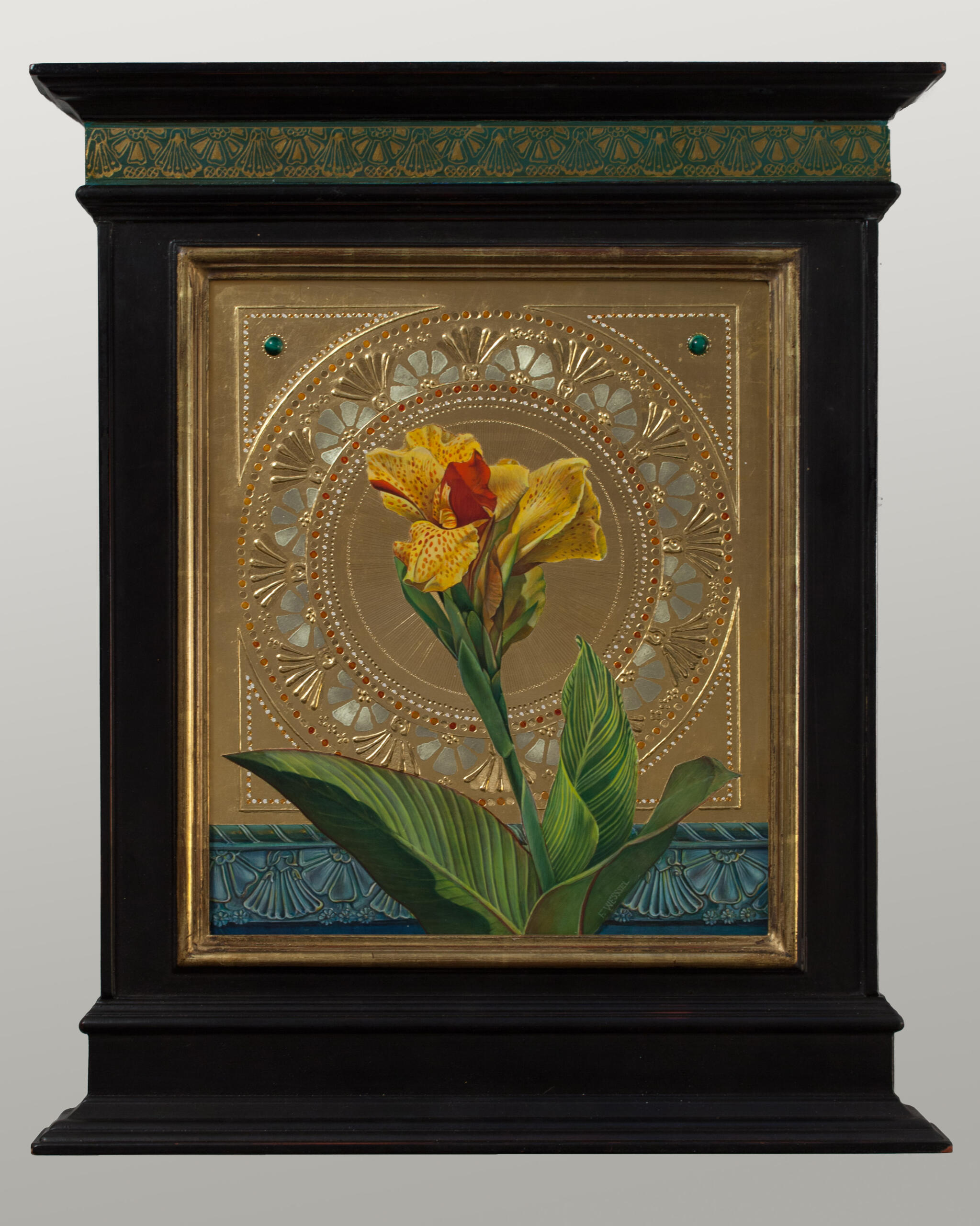 n a grandfather clock-shaped wooden frame with a horizontal golden patterned stripe near the top.